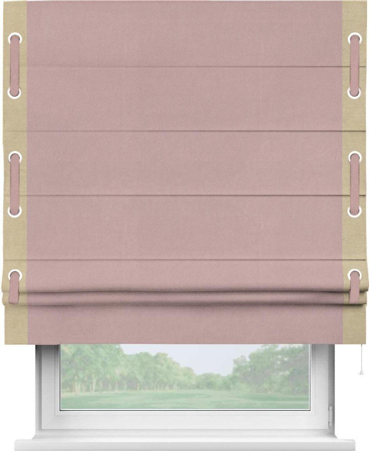 Римская штора «Кортин» с кантом Стрим Дуо (люверсы с пояском), для проема, ткань вельвет розовая пудра
