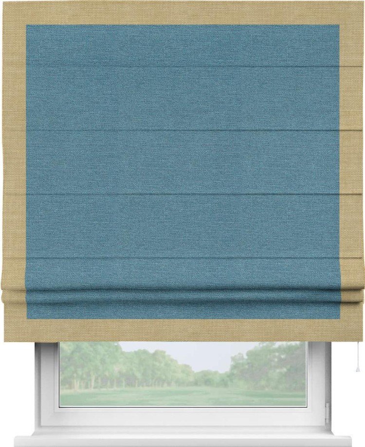 Римская штора «Кортин» с кантом Чесс, для проема, ткань лён голубой