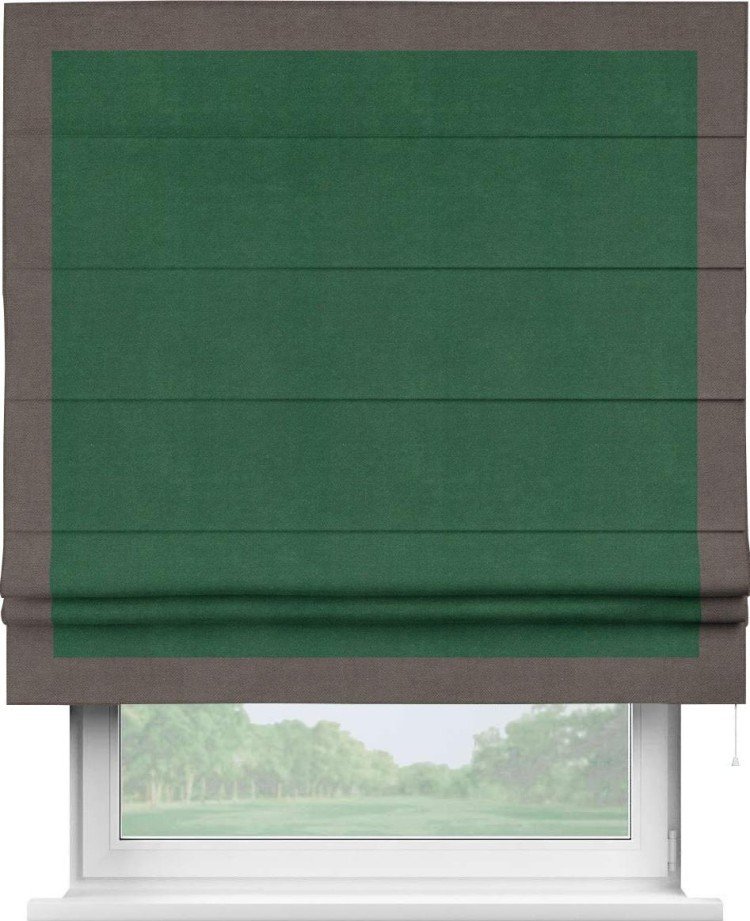 Римская штора «Кортин» с кантом Чесс, для проема, ткань вельвет зеленый